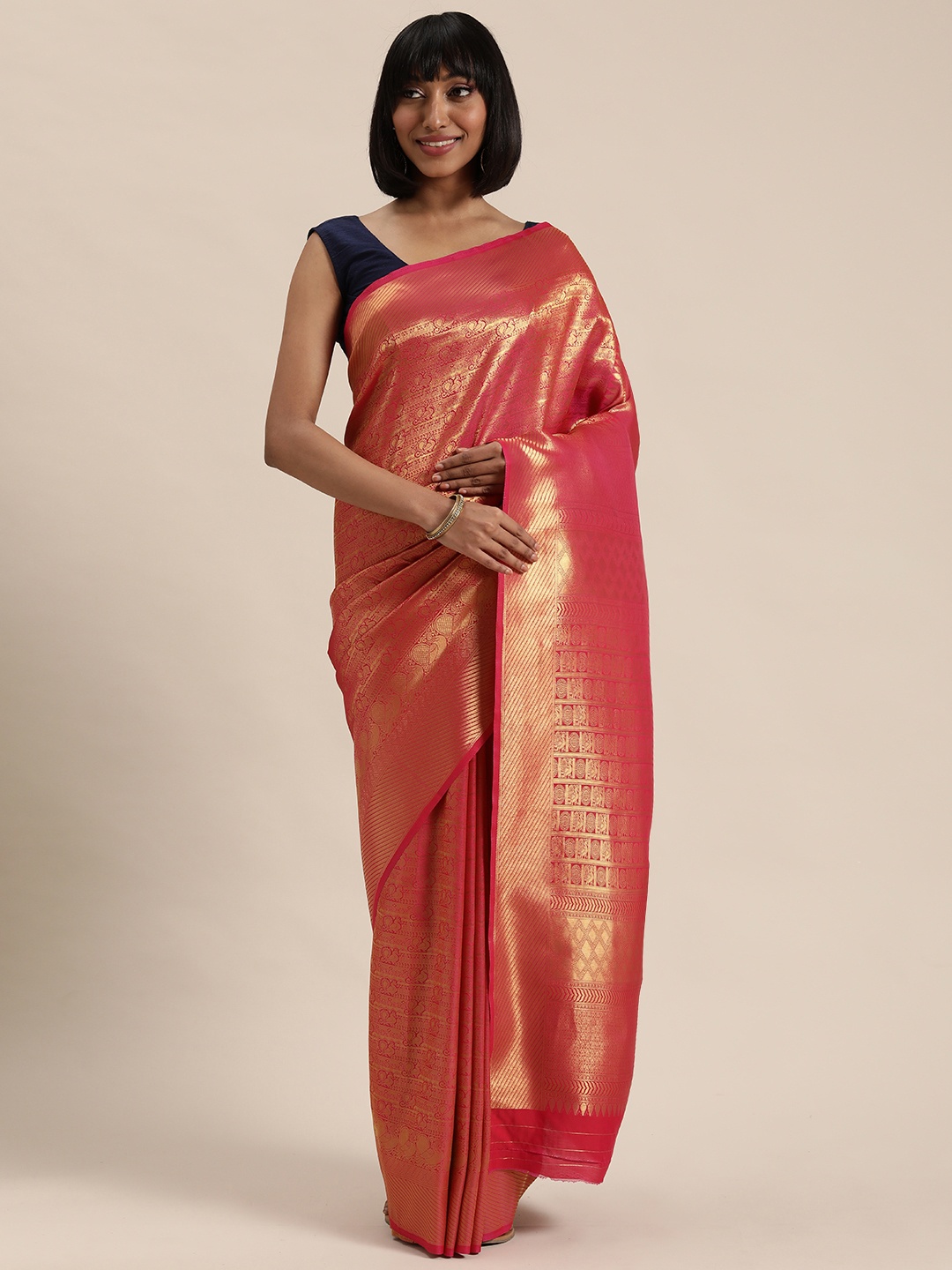 

Mitera Pink & Gold-Toned Woven Design Kanjeevaram Saree