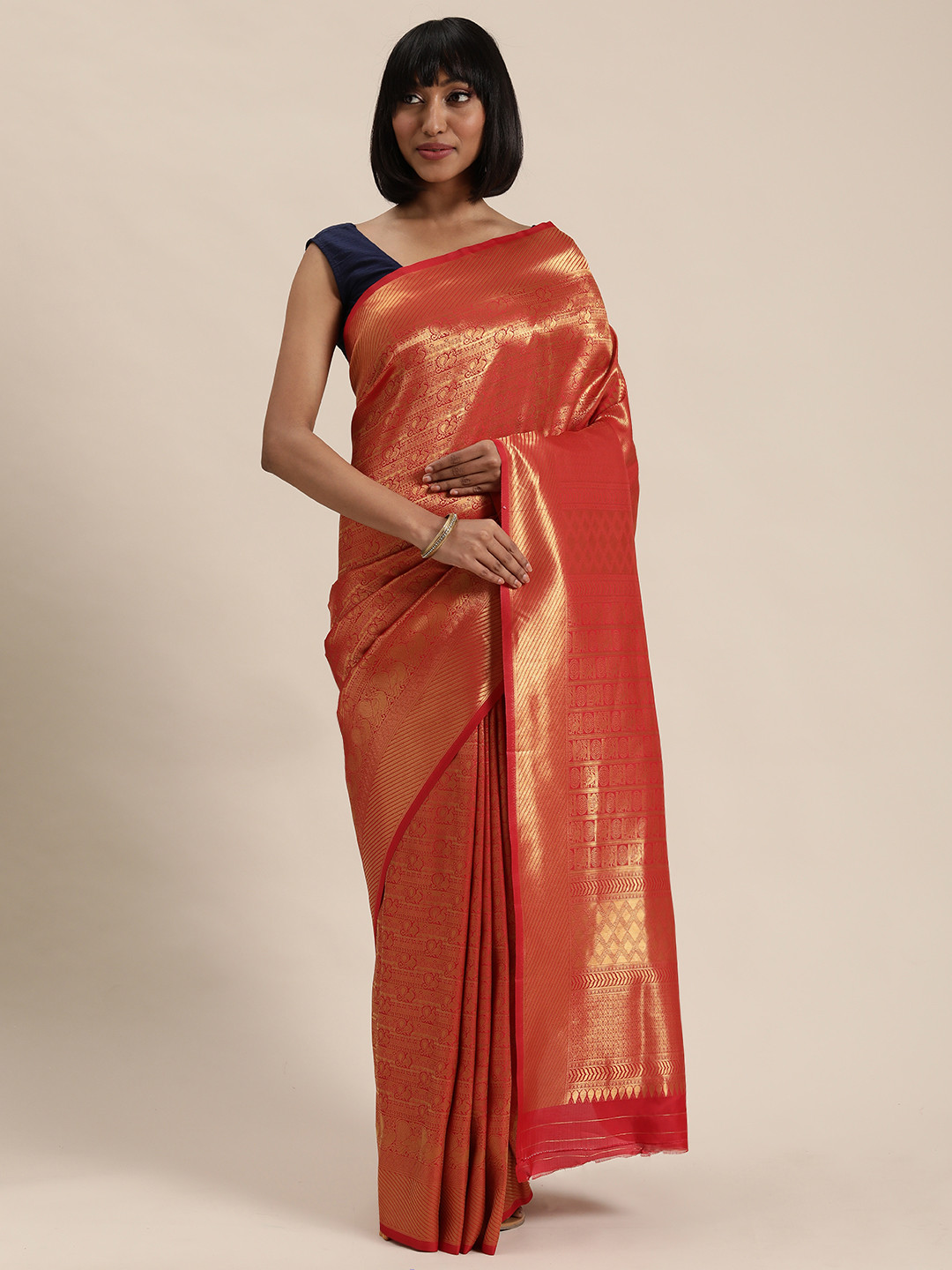 

Mitera Red & Gold-Toned Woven Design Kanjeevaram Saree
