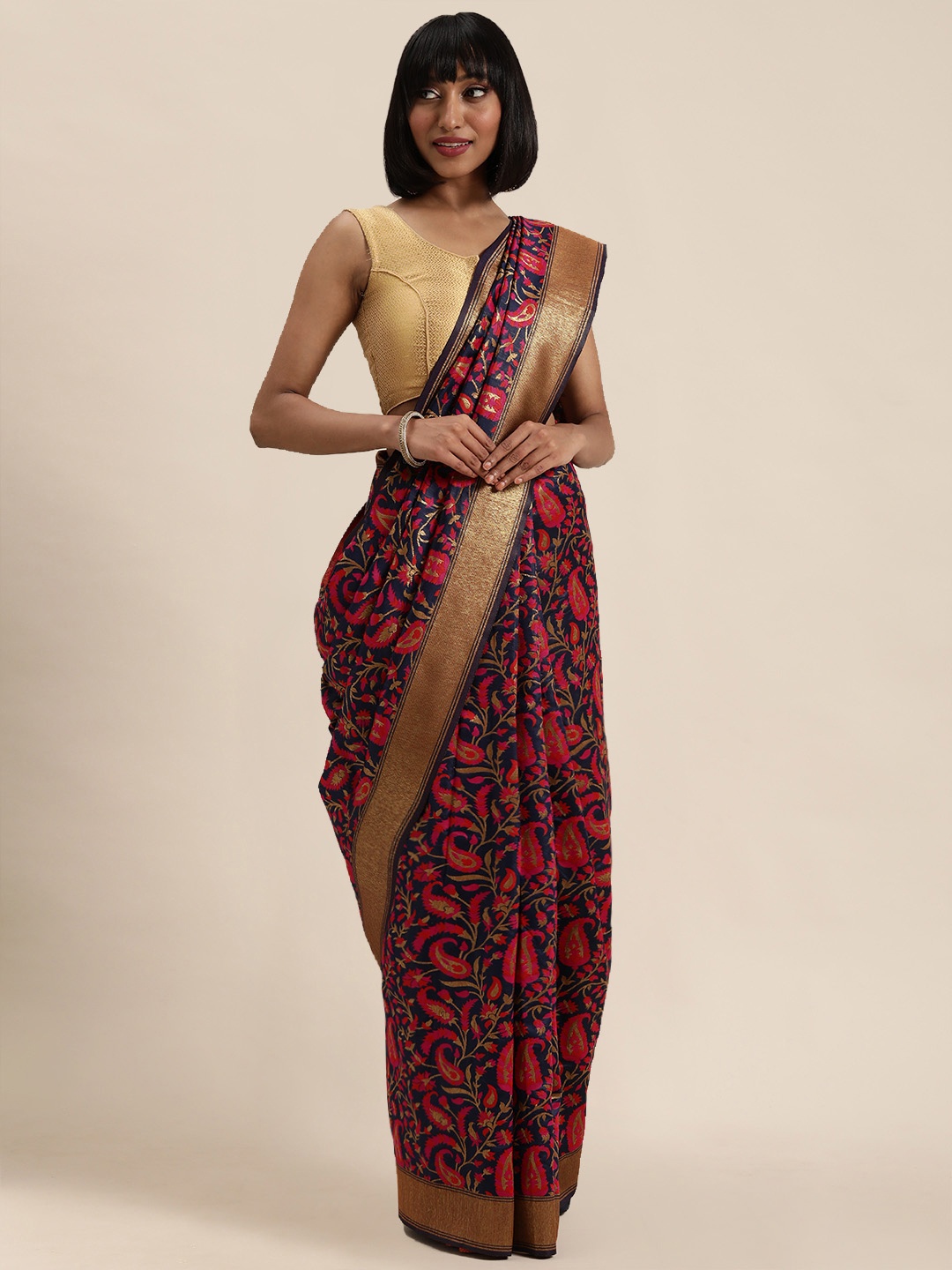

Mitera Navy Blue & Pink Woven Design Kanjeevaram Saree