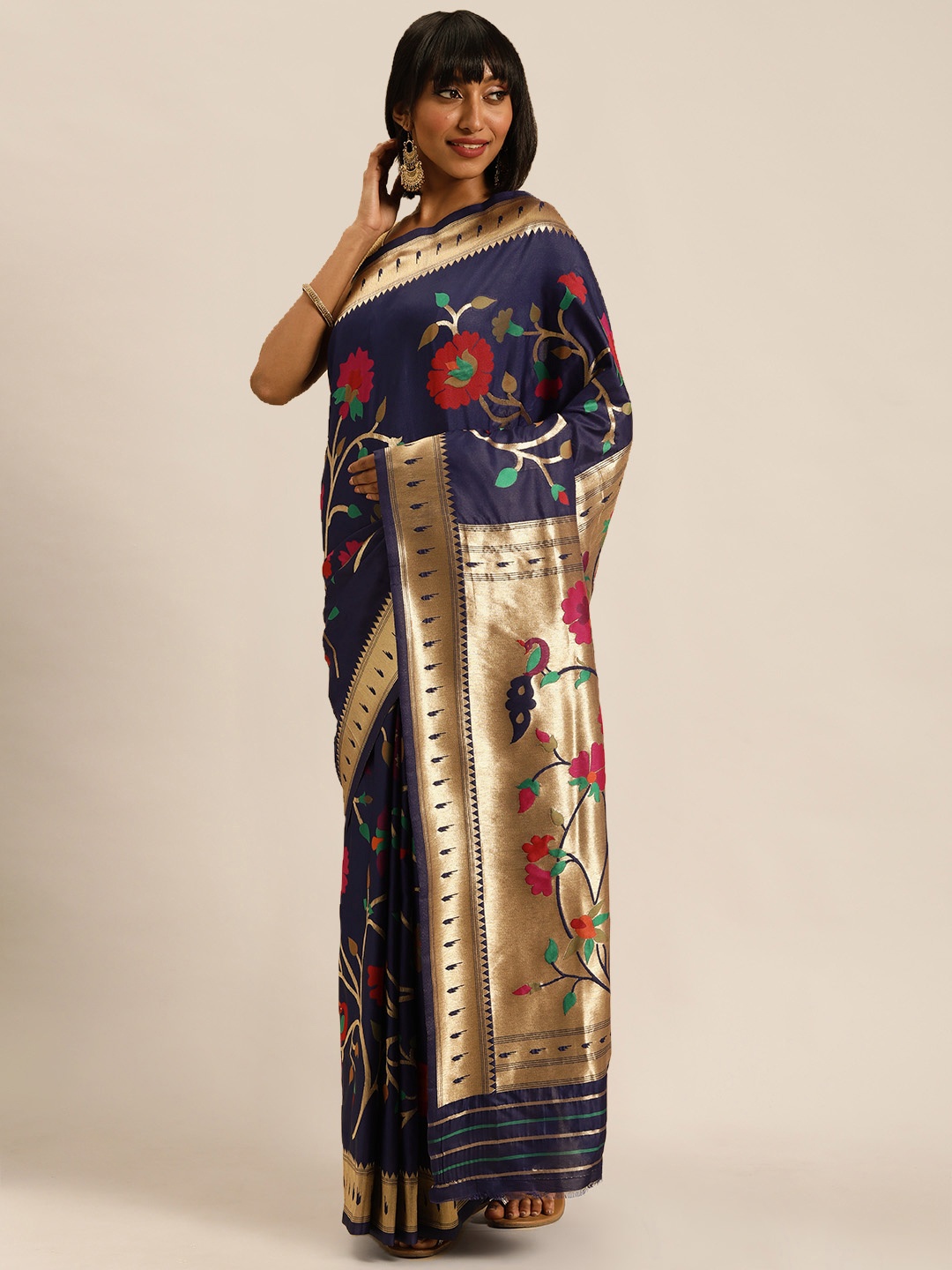 

Mitera Navy Blue & Golden Woven Design Kanjeevaram Saree