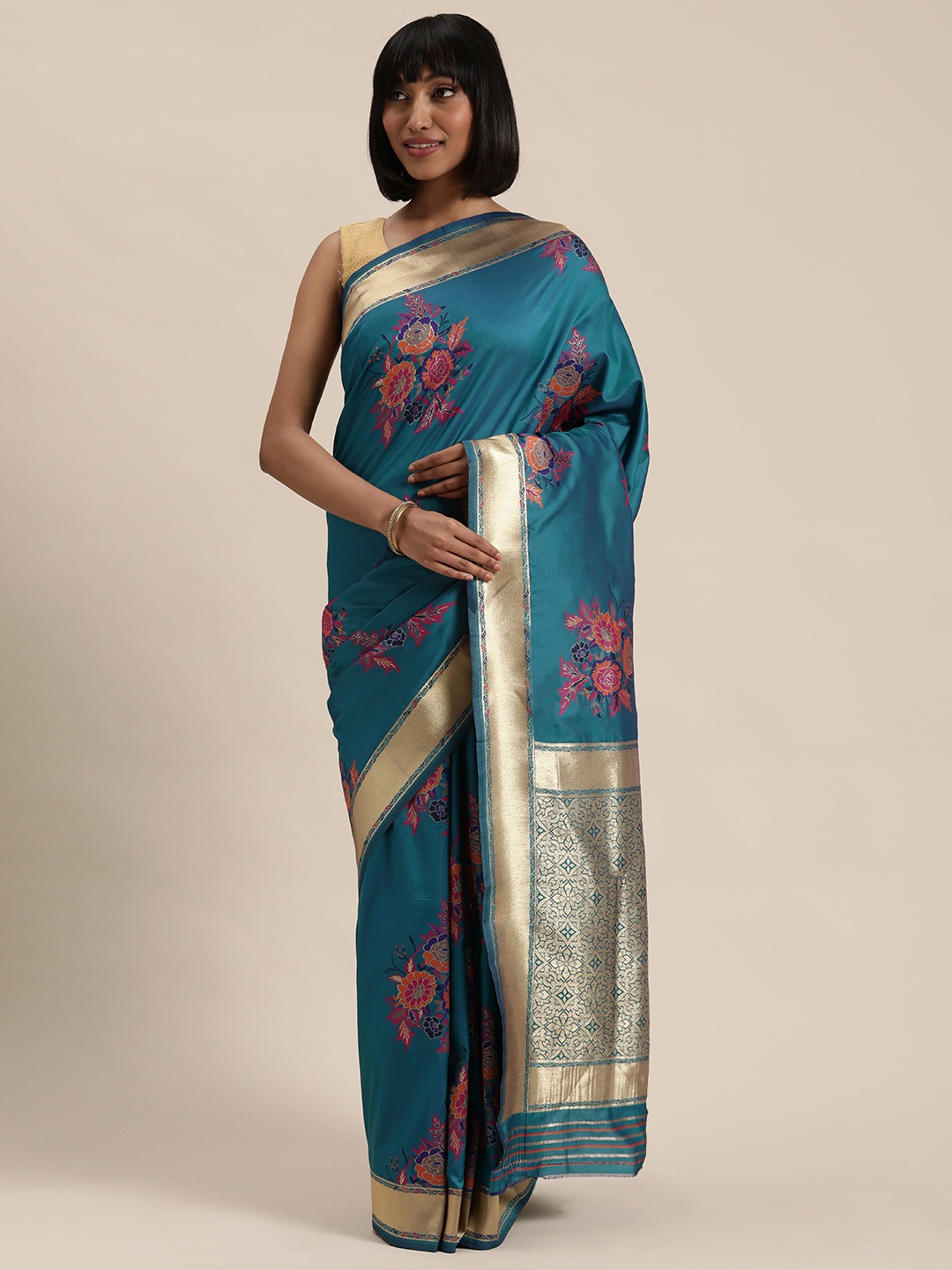 

Mitera Turquoise Blue Woven Design Kanjeevaram Saree