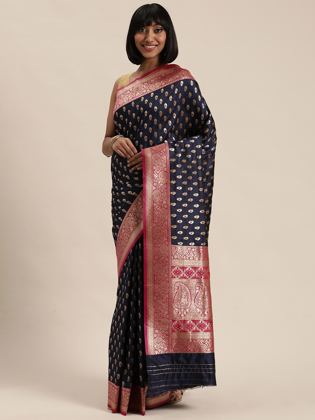 

Mitera Navy Blue & Pink Woven Design Kanjeevaram Saree