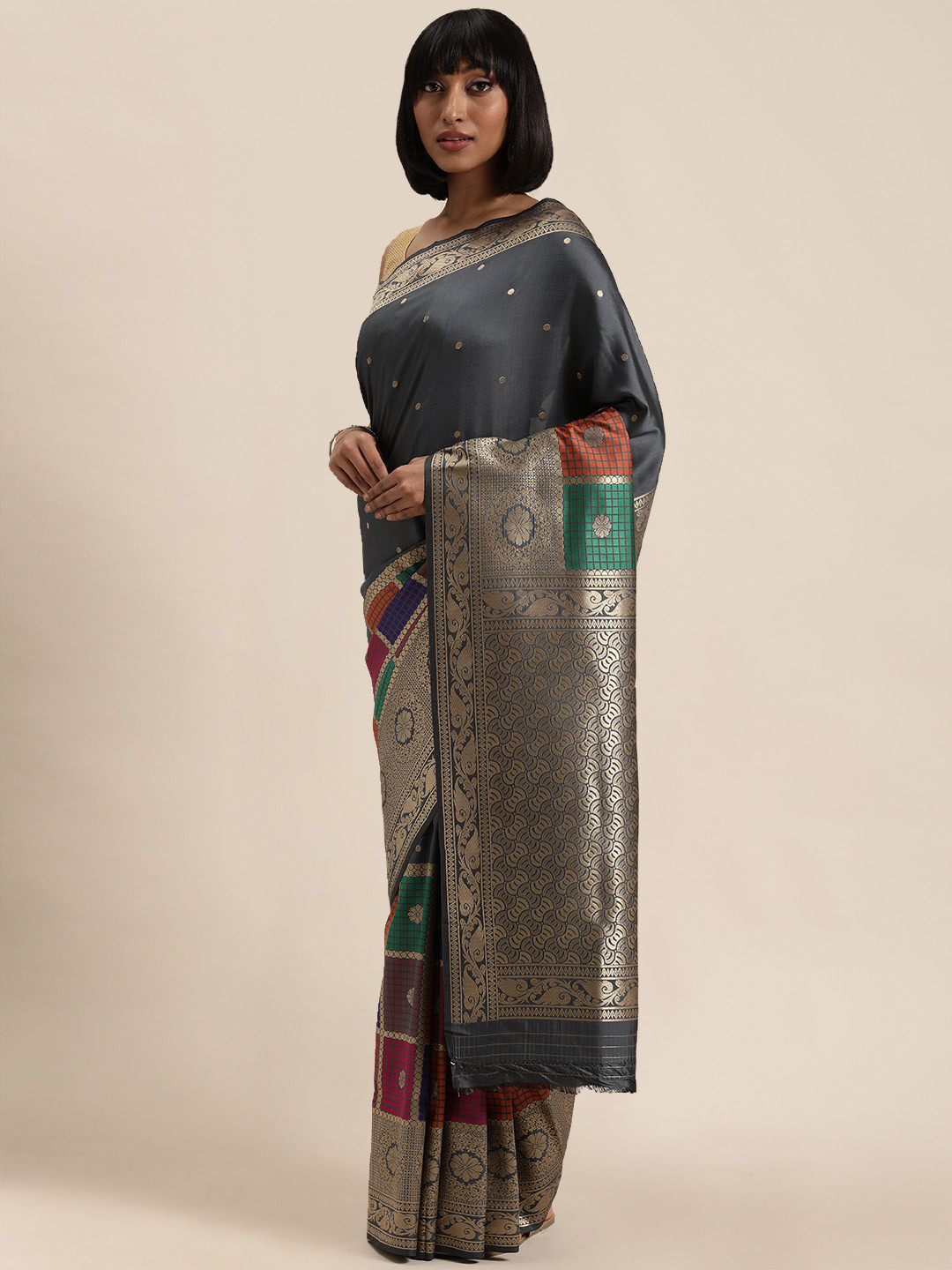 

Mitera Grey & Gold-Toned Silk Blend Woven Design Kanjeevaram Saree
