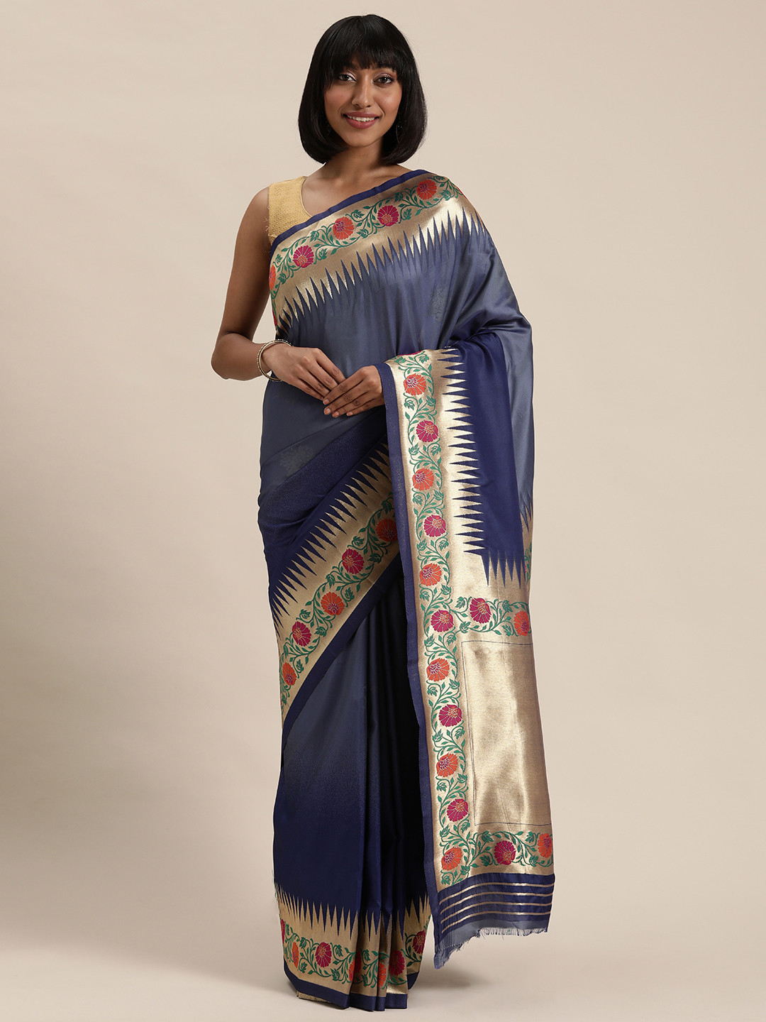 

Mitera Navy Blue Silk Blend Woven Design Pure Zari Kanjeevaram Saree