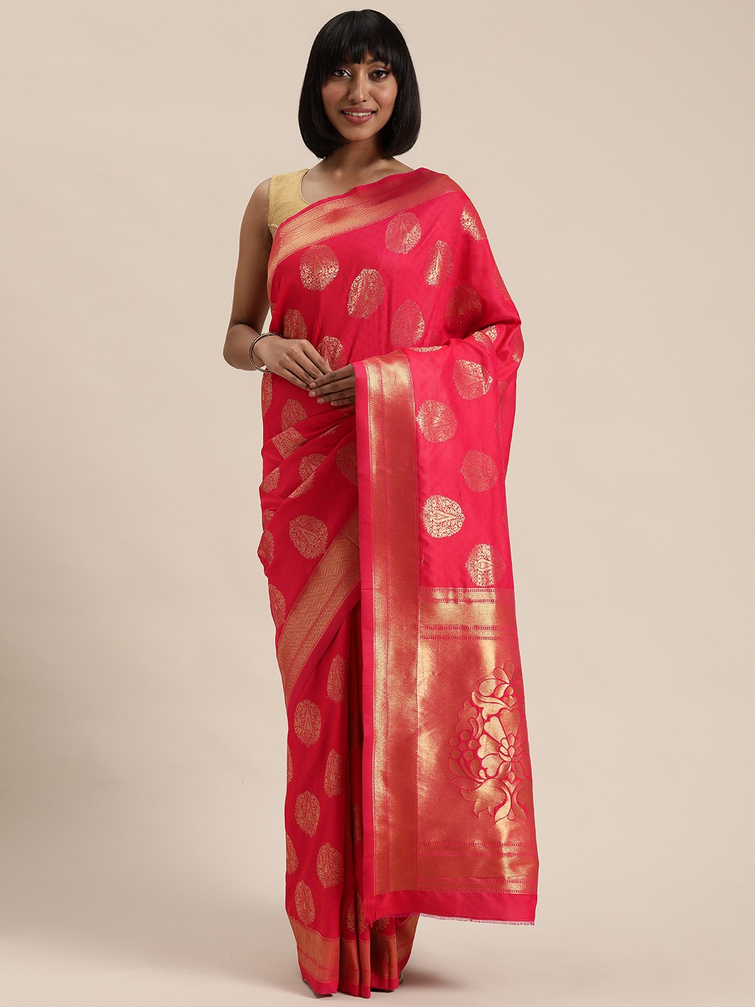 

Mitera Pink & Gold-Toned Woven Design Kanjeevaram Saree