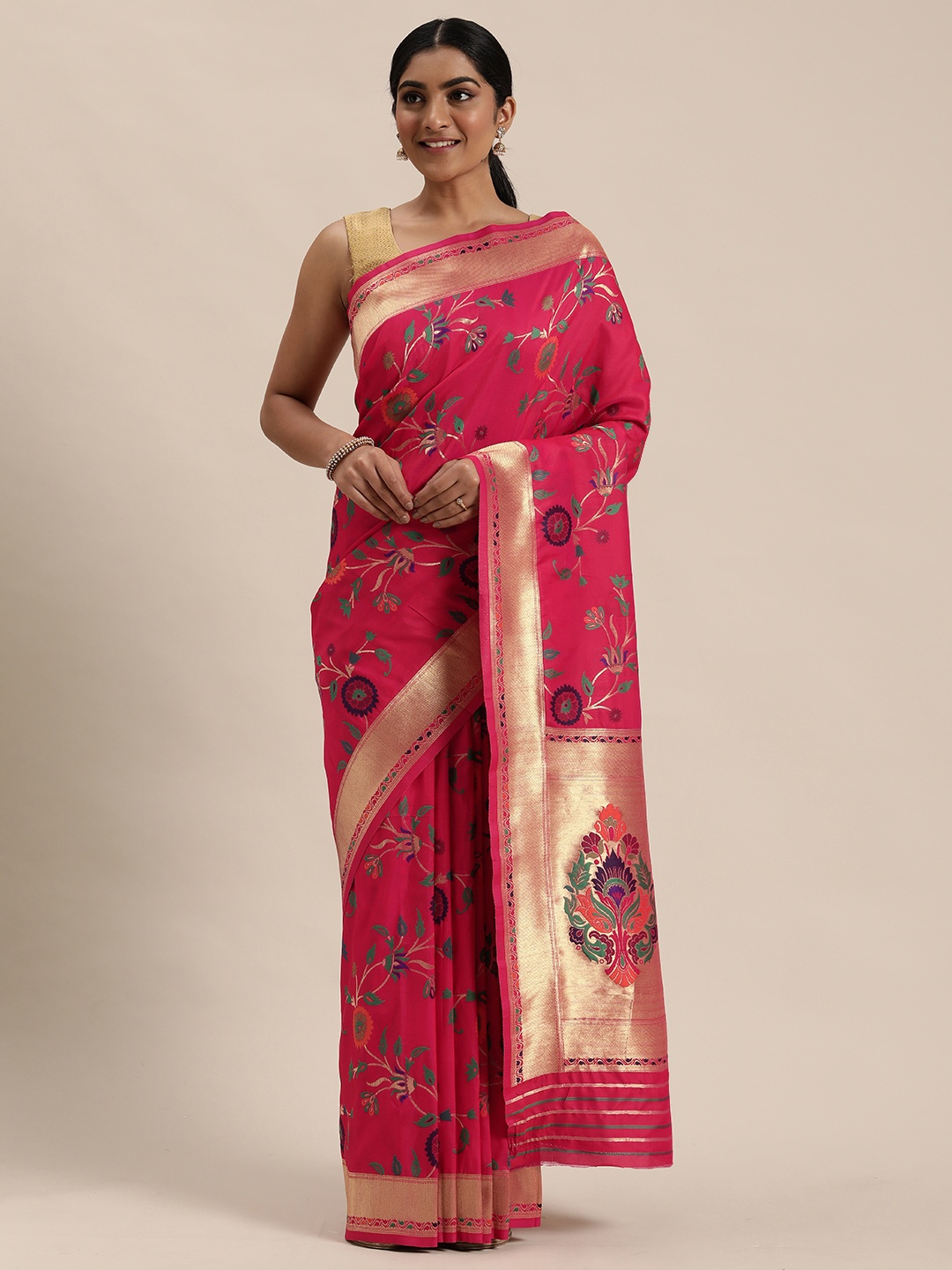 

Mitera Pink & Gold-Toned Silk Blend Woven Design Kanjeevaram Saree