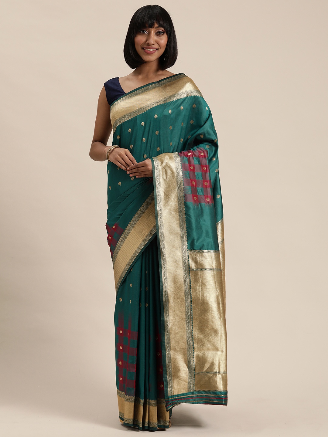 

Mitera Teal Green & Gold-Toned Woven Design Kanjeevaram Saree