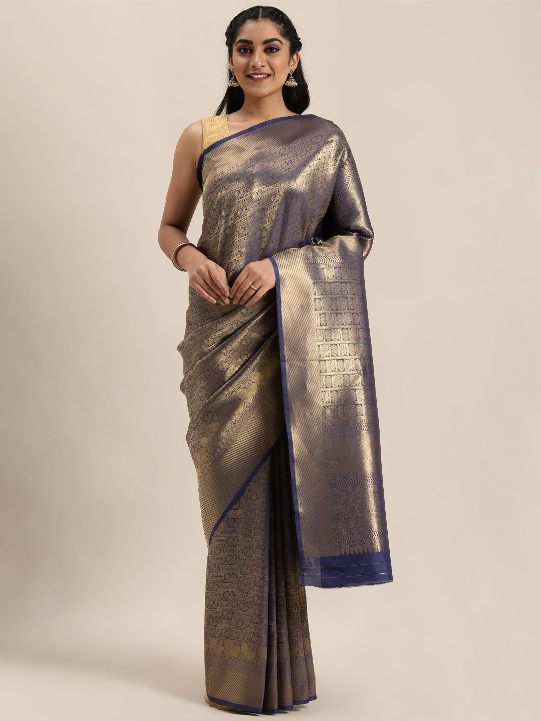 

Mitera Navy Blue & Gold-Coloured Woven Design Kanjeevaram Saree