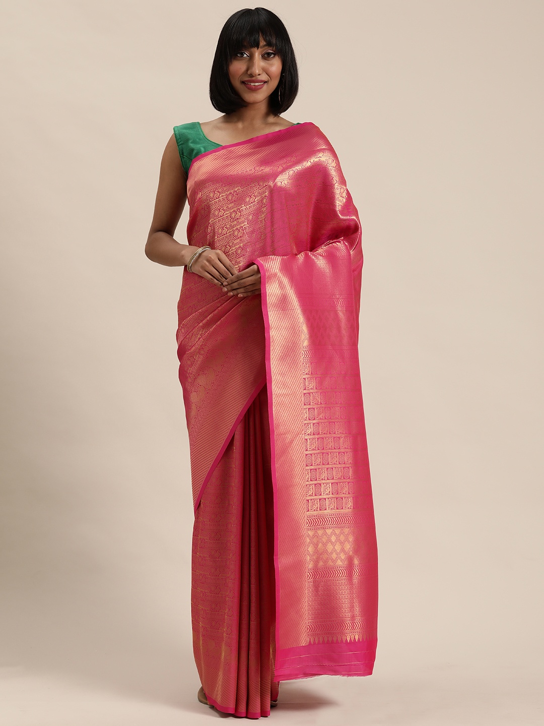 

Mitera Pink & Gold-Toned Woven Design Kanjeevaram Saree
