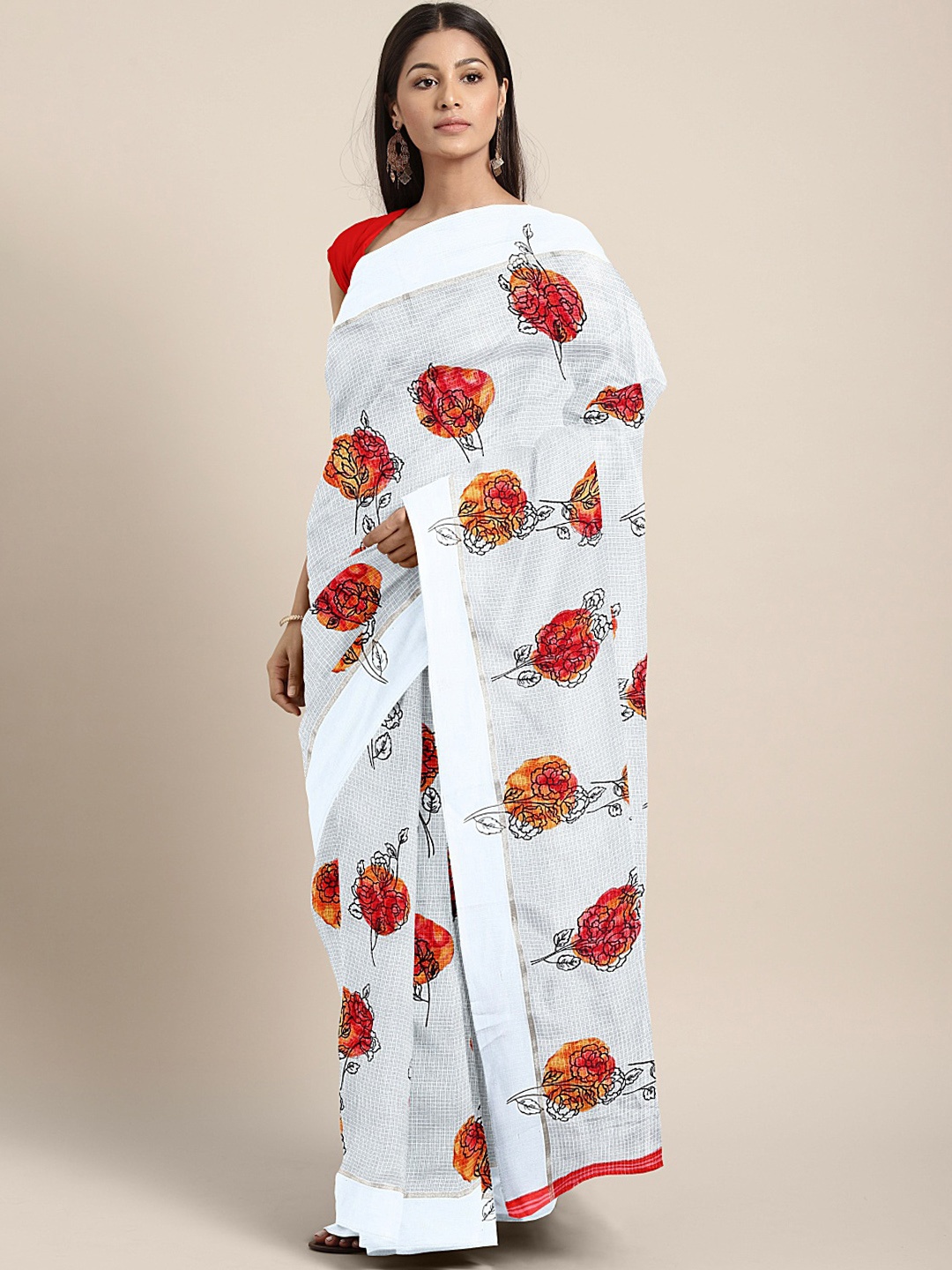

KALINI Grey & Orange Cotton Blend Floral Printed Saree