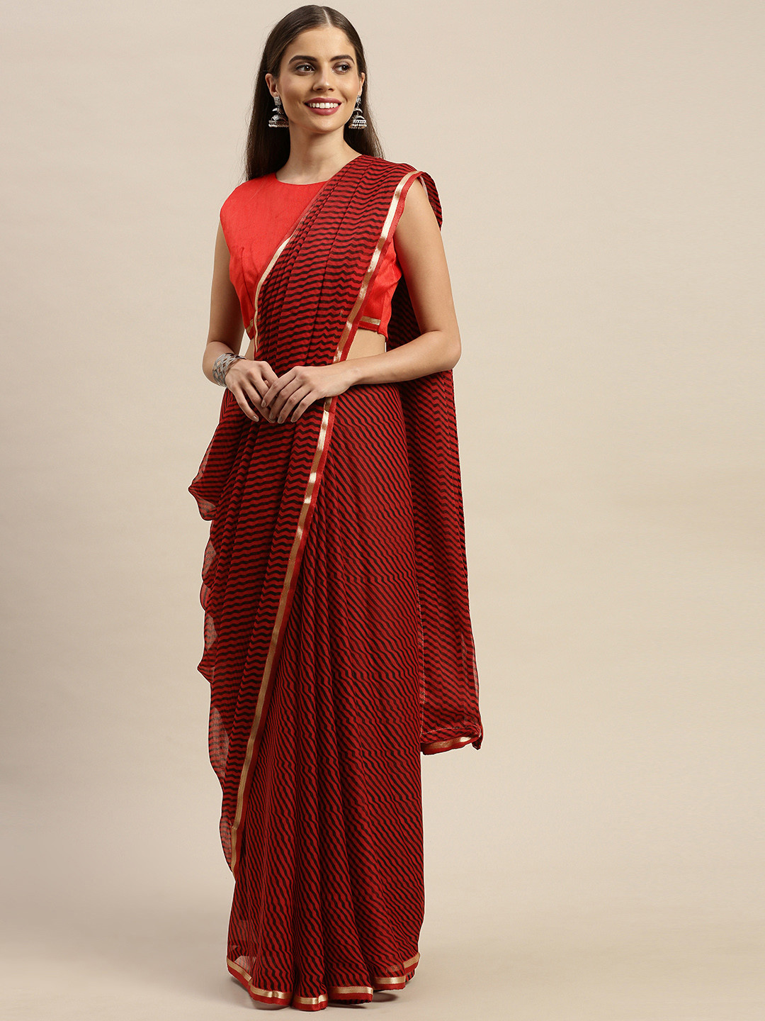 

KALINI Red & Black Pure Chiffon Striped Leheriya Saree