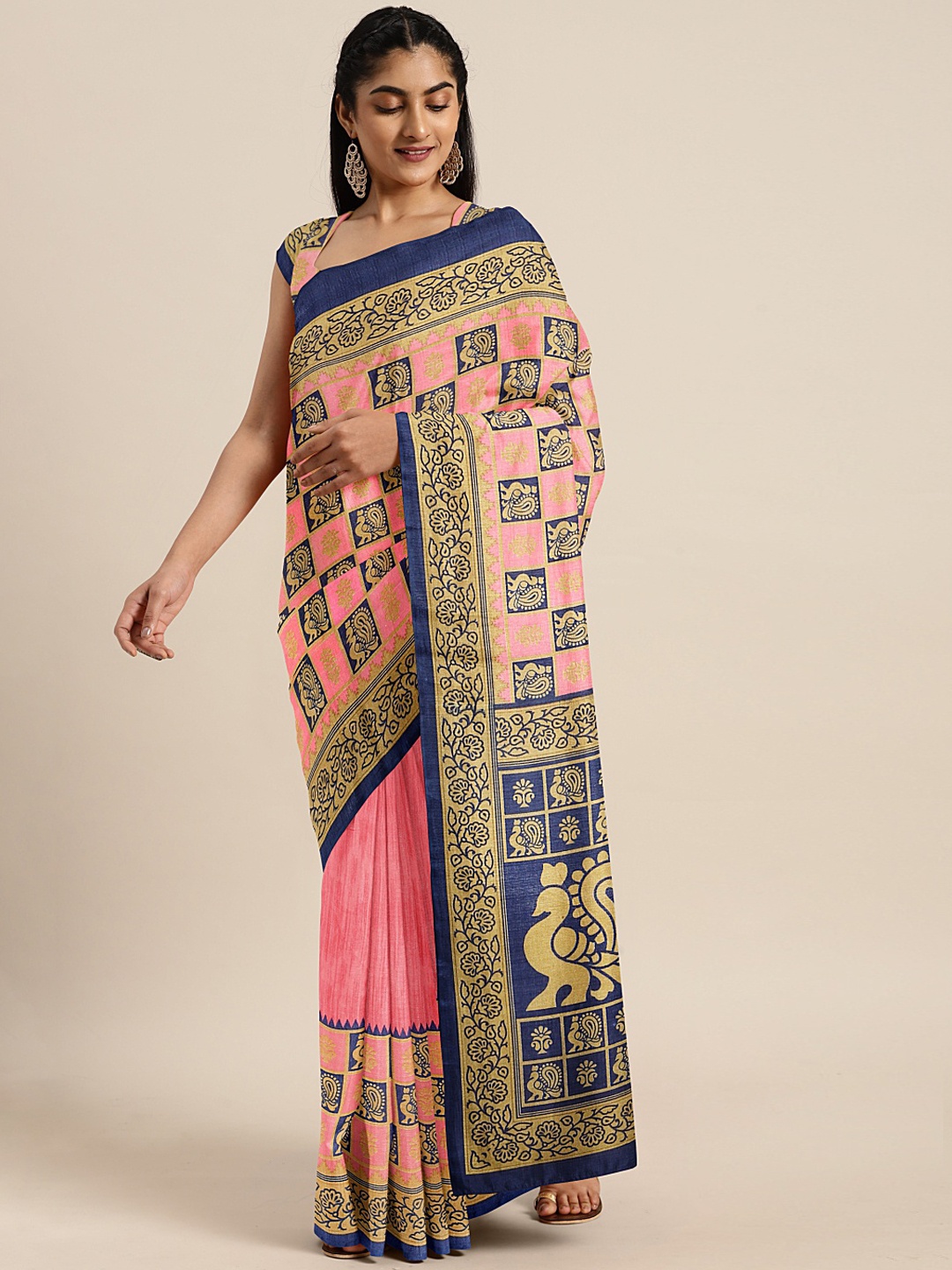 

KALINI Pink & Beige Art Silk Printed Saree