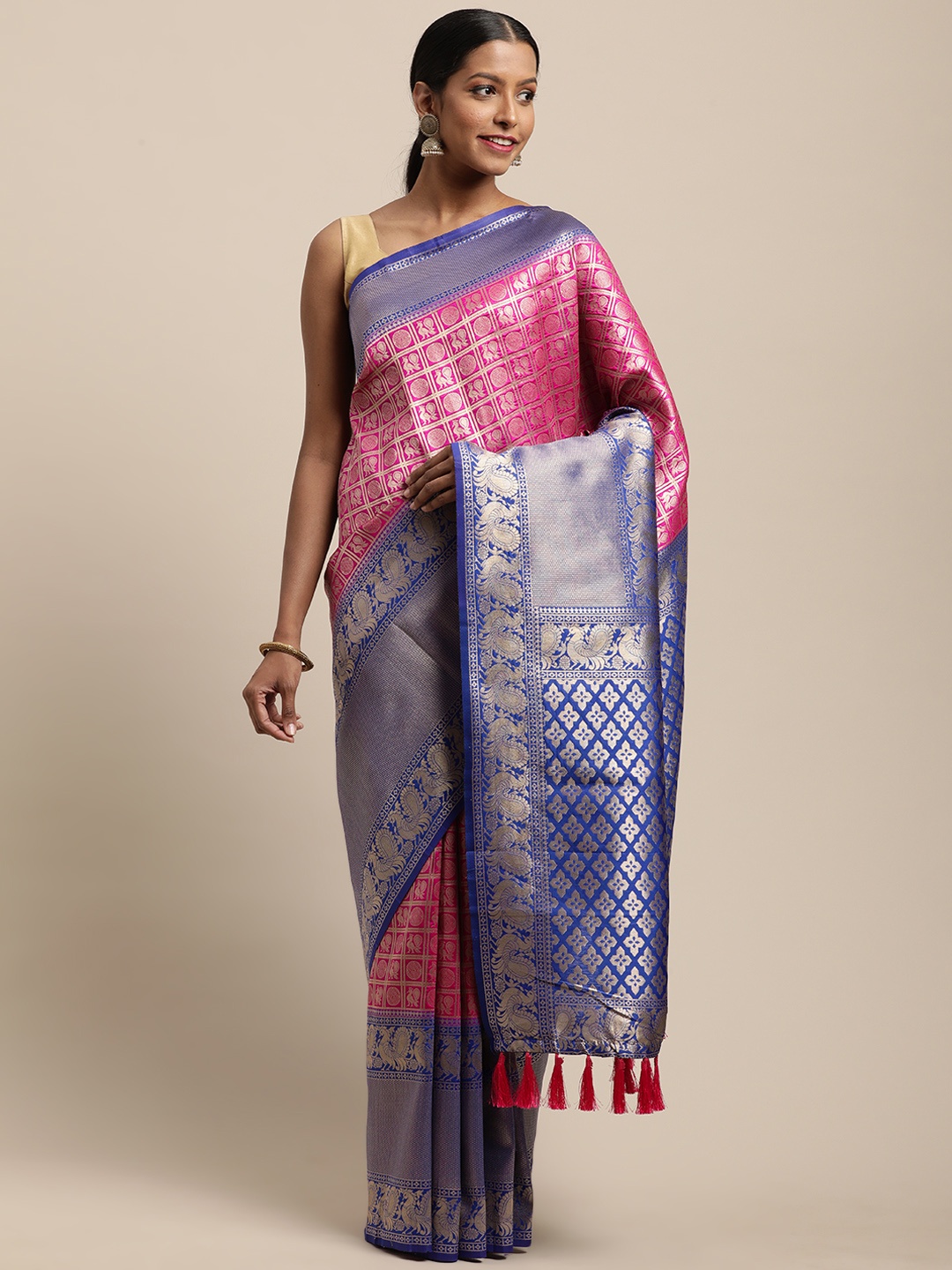 

VASTRANAND Pink & Blue Silk Blend Woven Design Banarasi Saree