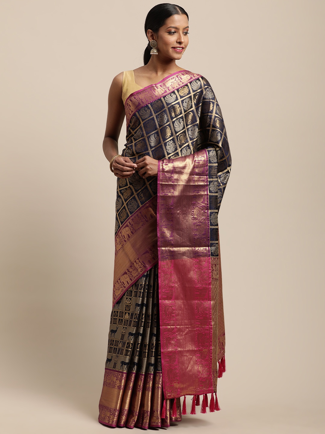 

VASTRANAND Navy Blue & Gold-Toned Woven Design Banarasi Saree