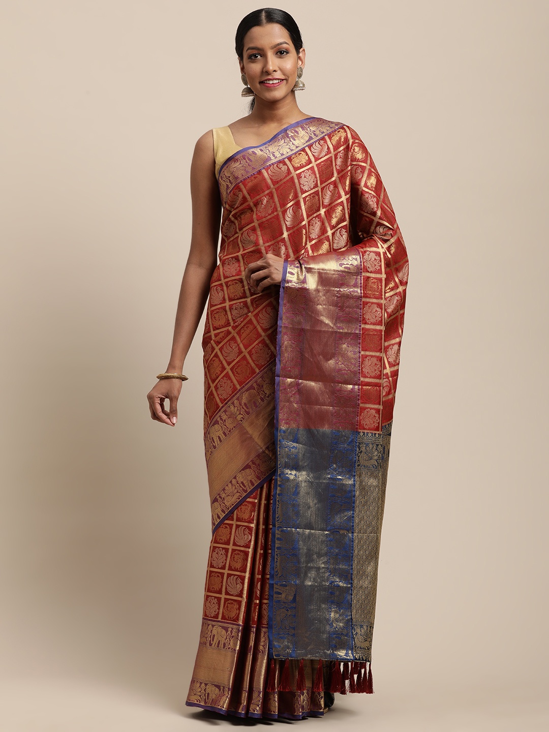 

VASTRANAND Orange & Gold-Toned Woven Design Kanjeevaram Saree