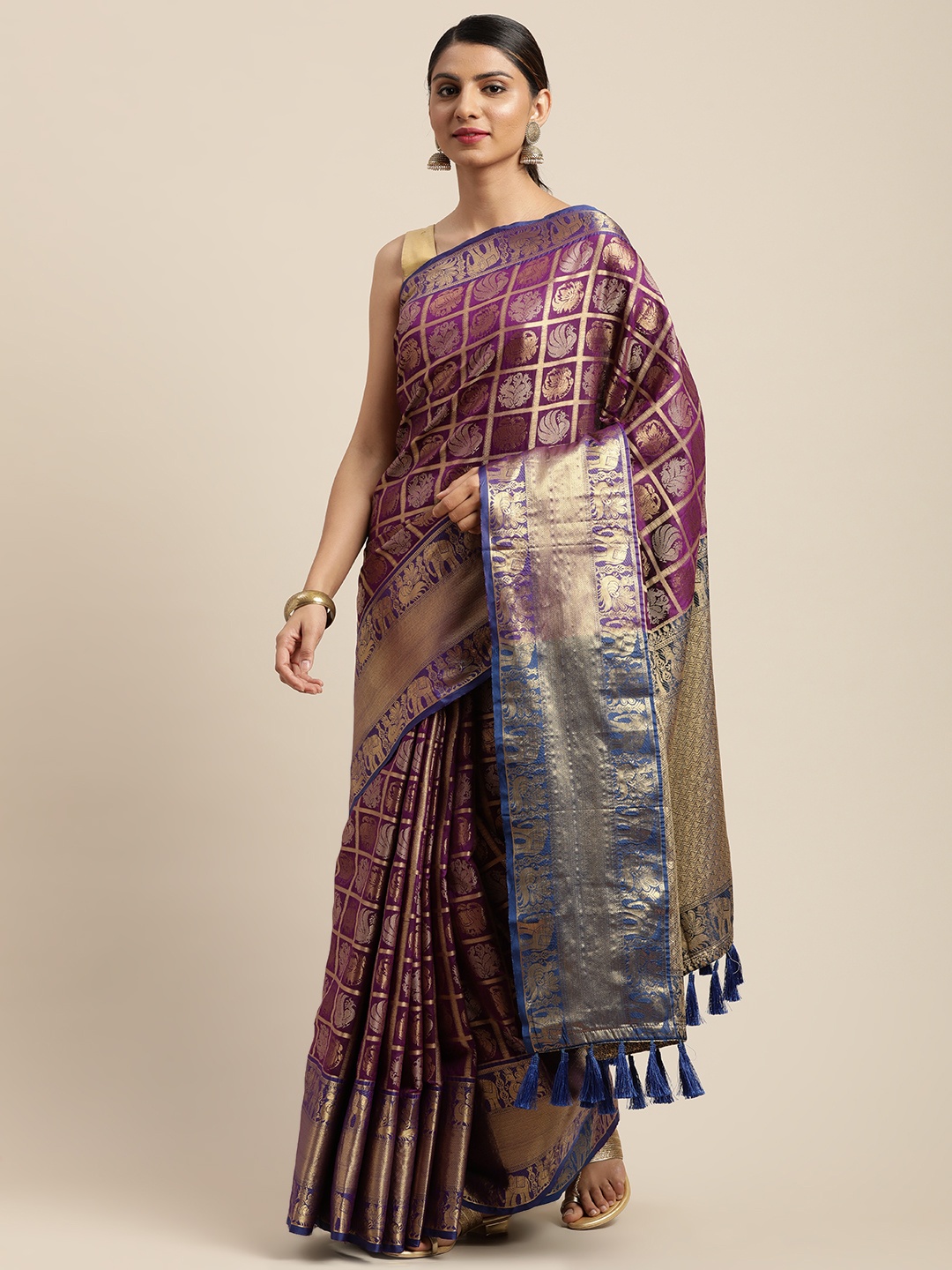 

VASTRANAND Burgundy & Gold-Toned Woven Design Banarasi Saree