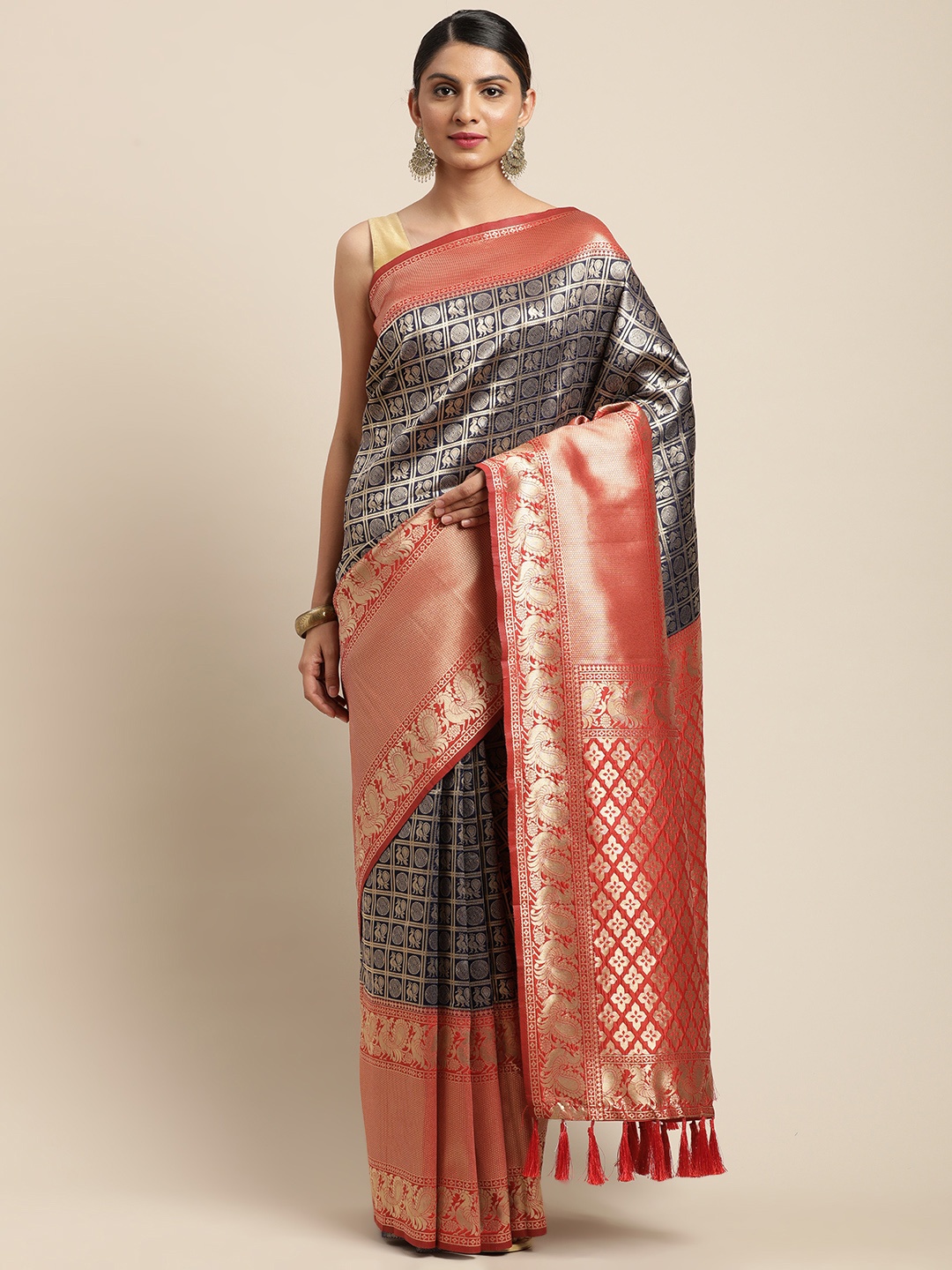 

VASTRANAND Navy Blue & Red Checked Banarasi Celebrity Saree