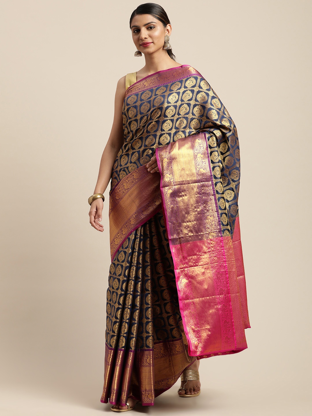 

VASTRANAND Navy Blue & Gold-Toned Woven Design Banarasi Saree