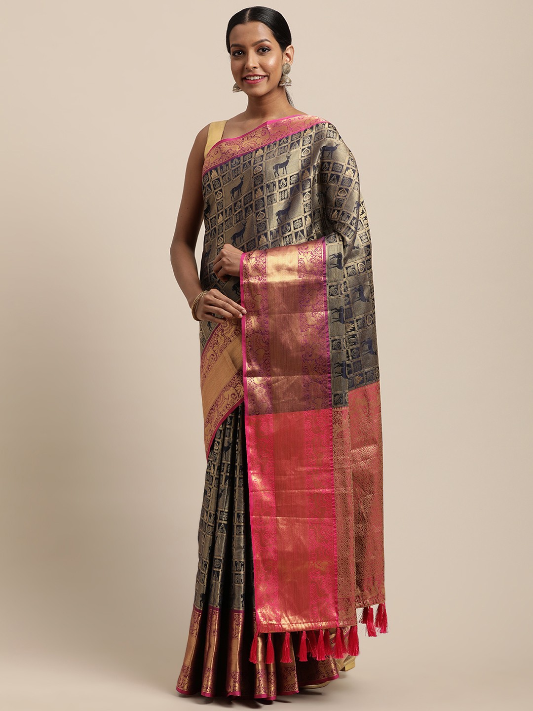 

VASTRANAND Navy Blue & Gold-Toned Woven Design Banarasi Saree