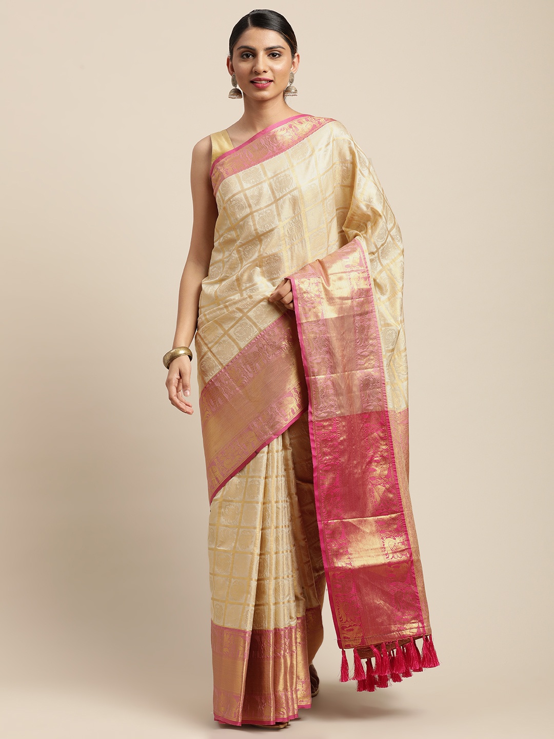 

VASTRANAND Gold-Toned & Pink Woven Design Banarasi Saree