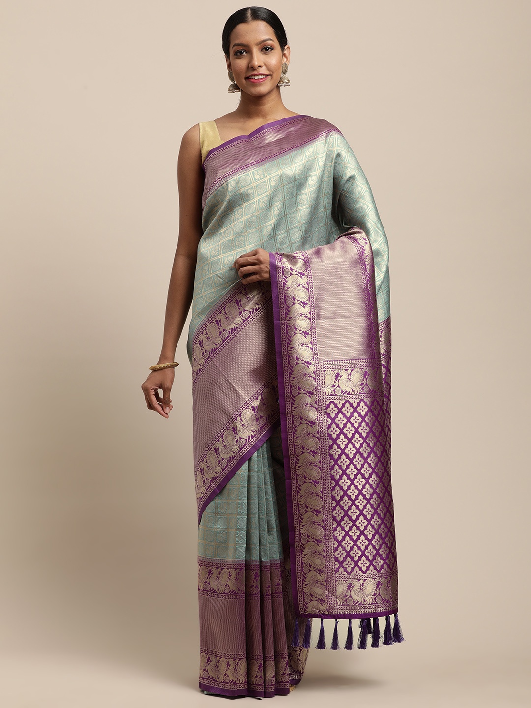 

VASTRANAND Turquoise Blue & Purple Woven Design Banarasi Saree