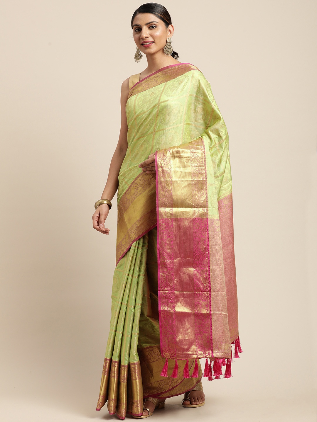 

VASTRANAND Lime Green & Gold-Toned Woven Design Banarasi Saree