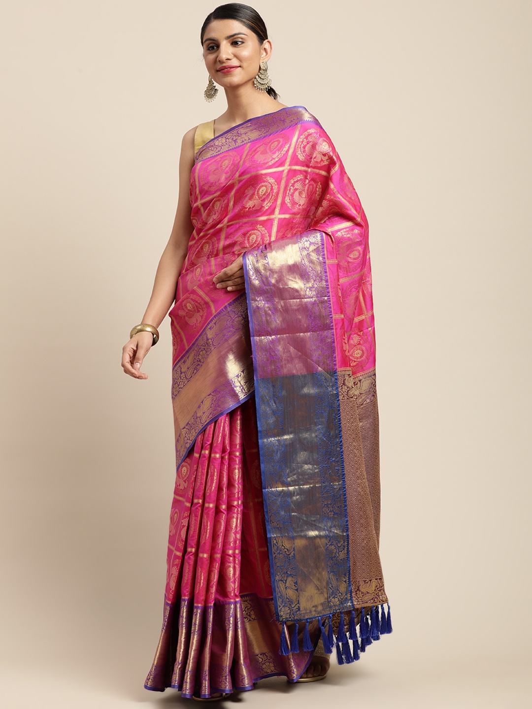 

VASTRANAND Pink & Gold-Toned Woven Design Banarasi Saree