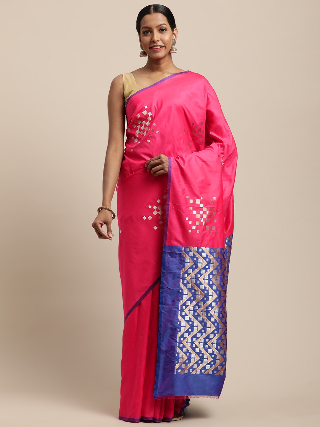 

VASTRANAND Pink & Blue Woven Design Banarasi Saree