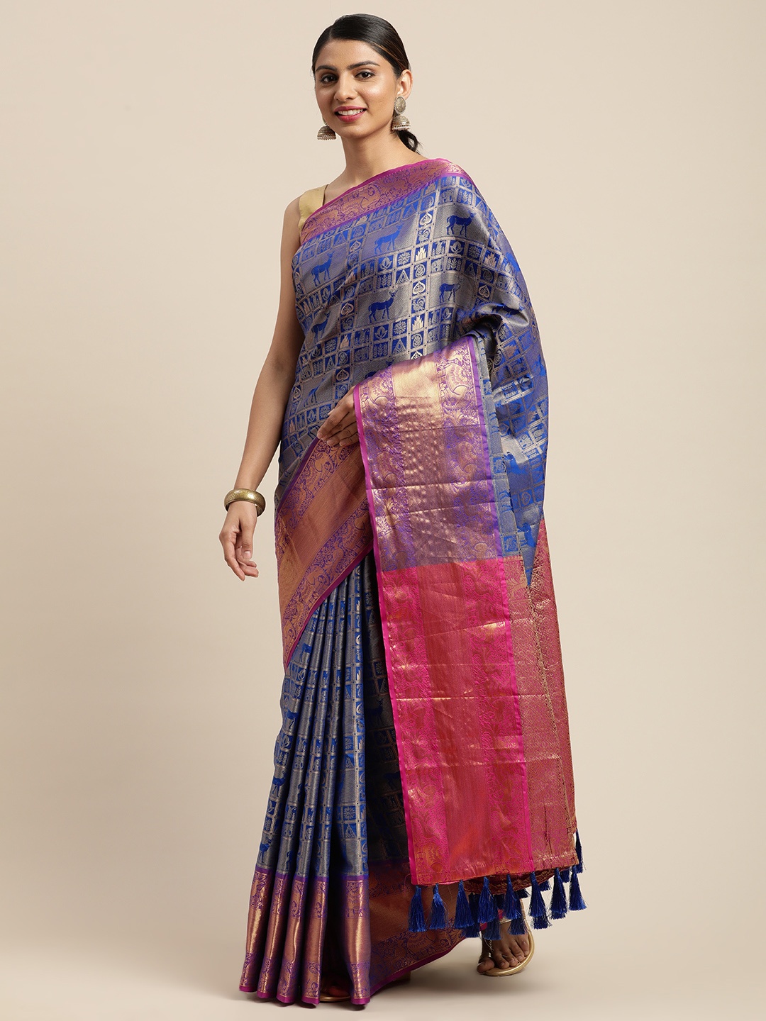

VASTRANAND Blue & Pink Woven Design Banarasi Saree