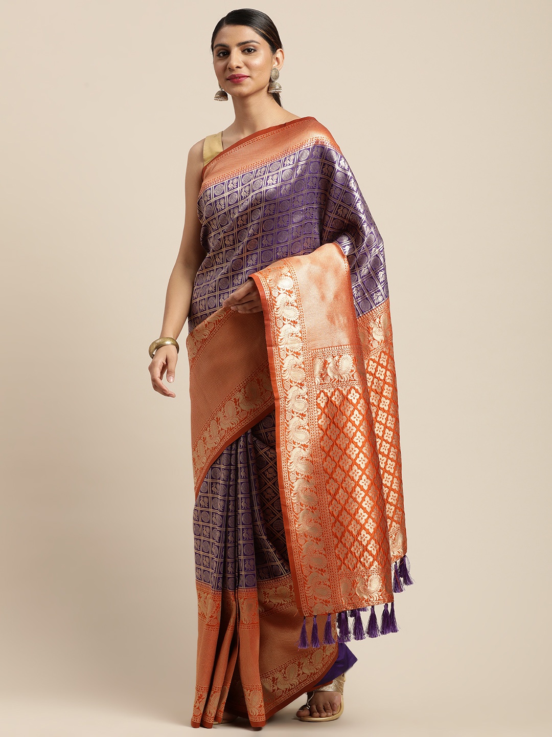 

VASTRANAND Blue & Gold-Toned Woven Design Banarasi Saree