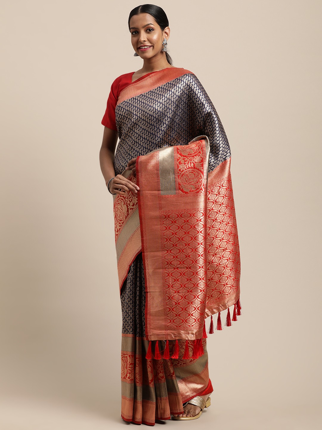 

VASTRANAND Navy Blue Woven Design Banarasi Saree