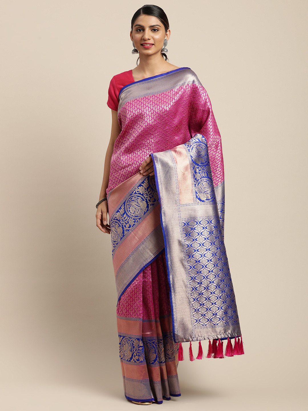 

VASTRANAND Pink & Blue Woven Design Banarasi Saree