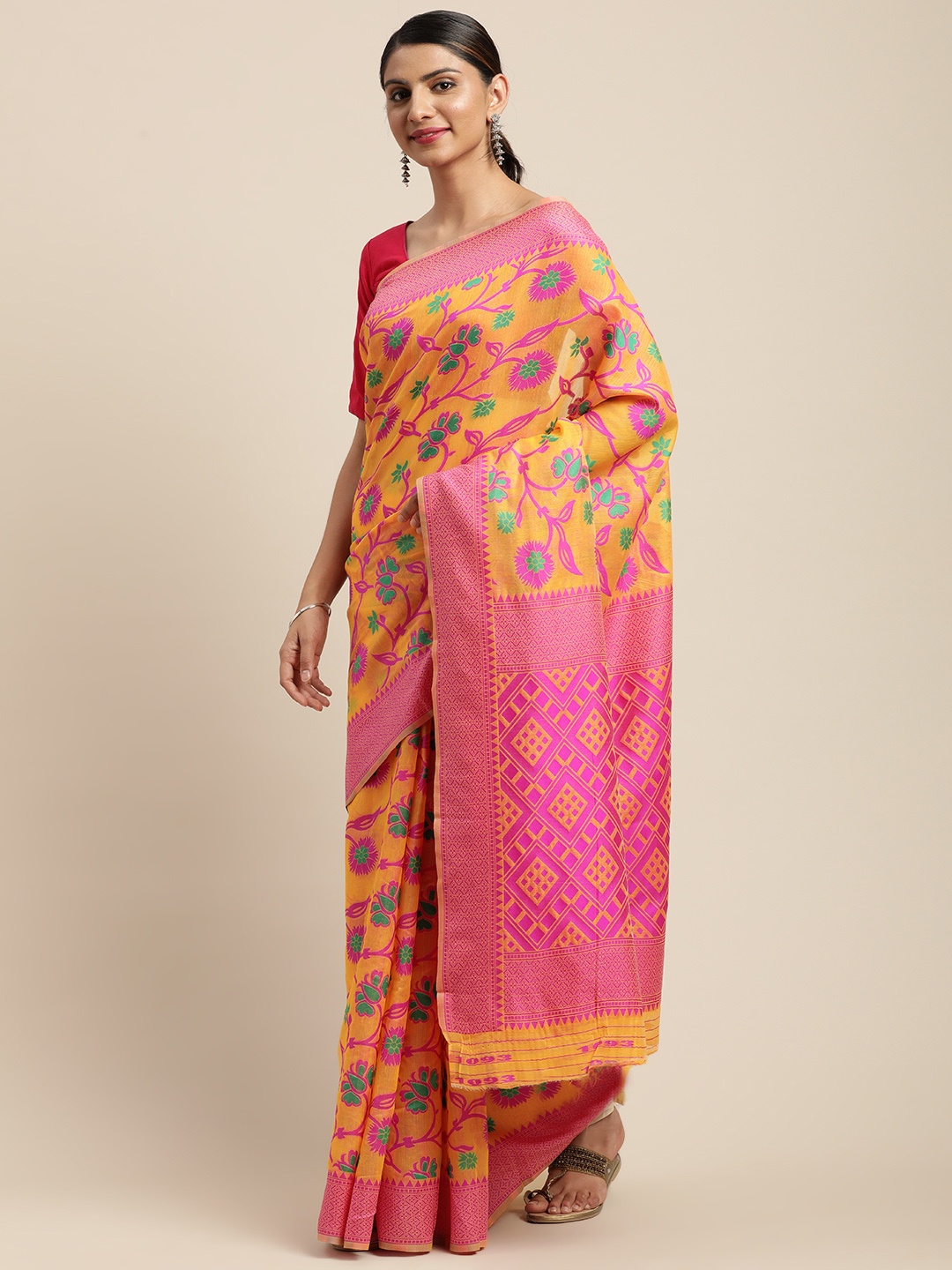 

VASTRANAND Orange & Pink Woven Design Jamdani Saree