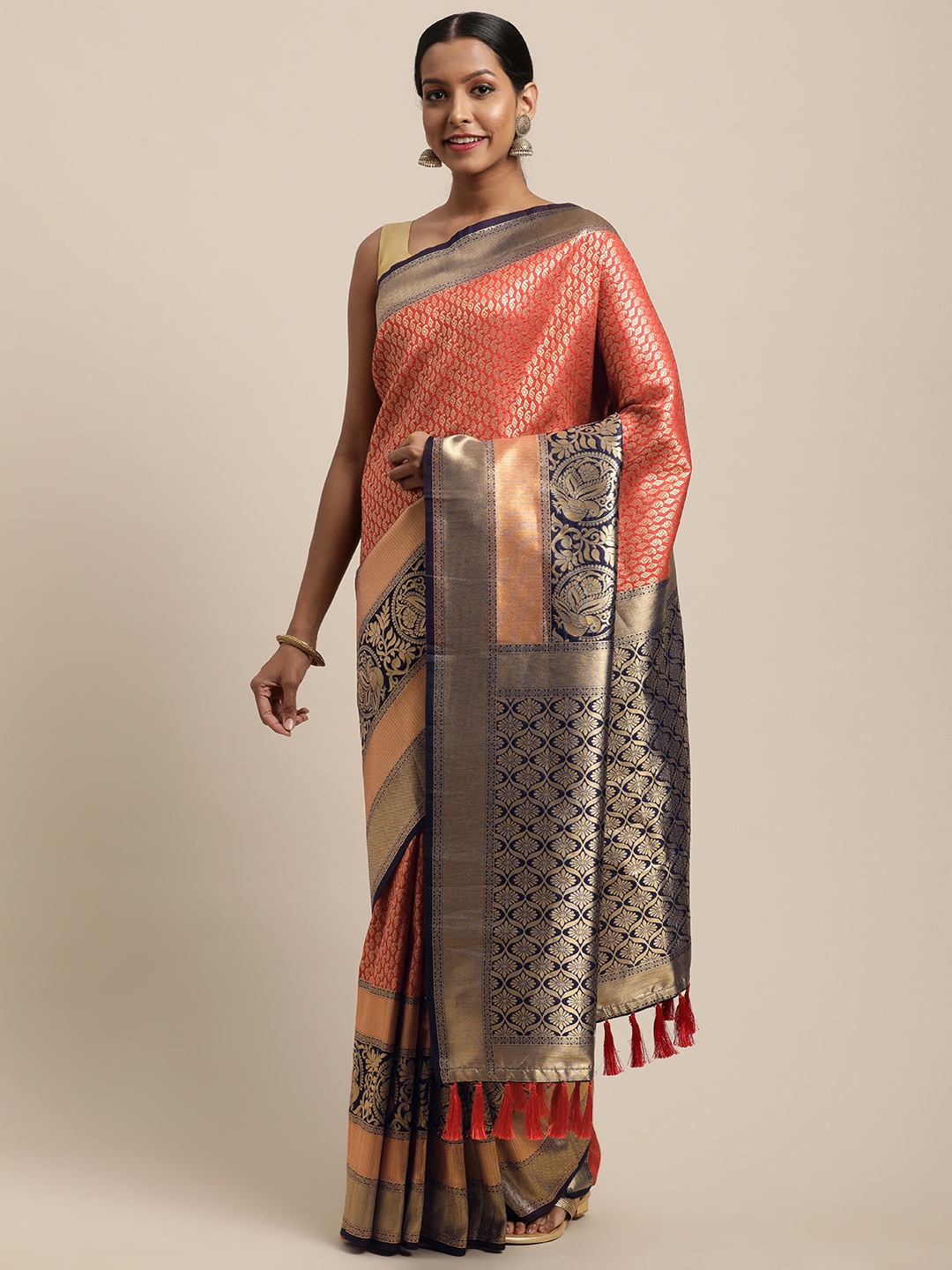 

VASTRANAND Peach-Coloured Silk Blend Woven Design Banarasi Saree