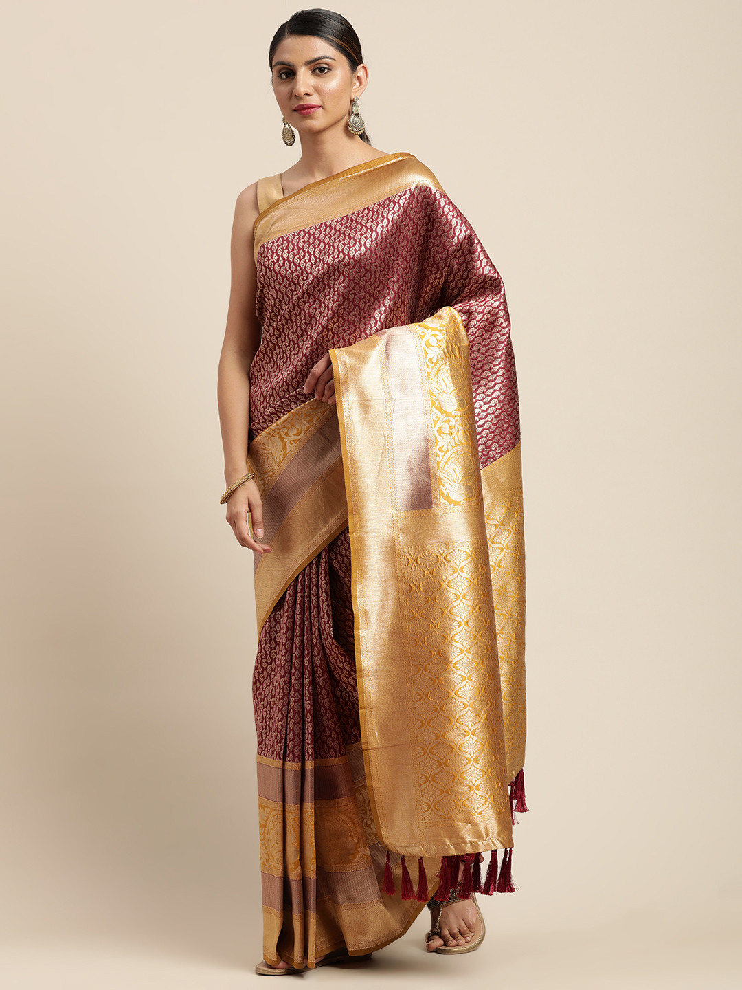 

VASTRANAND Brown & Mustard Yellow Woven Design Banarasi Saree
