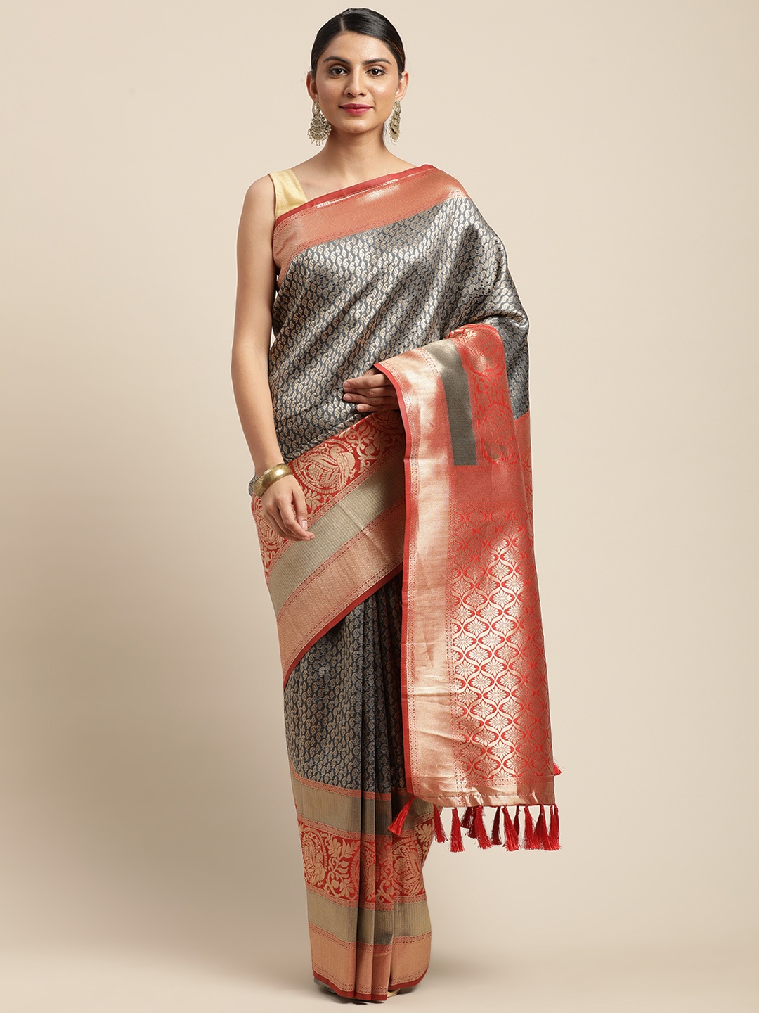 

VASTRANAND Grey & Red Woven Design Banarasi Celebrity Saree