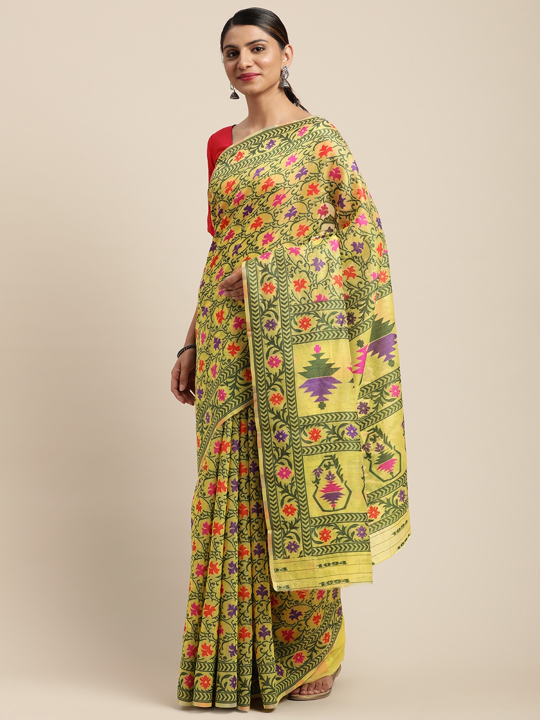 

VASTRANAND Yellow & Green Woven Design Jamdani Saree