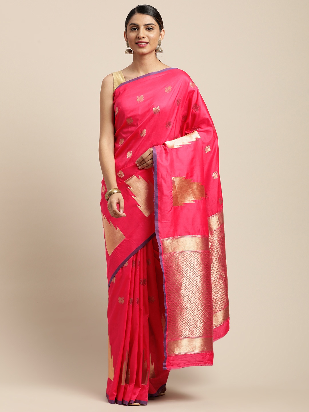 

VASTRANAND Pink & Gold-Toned Woven Design Banarasi Saree