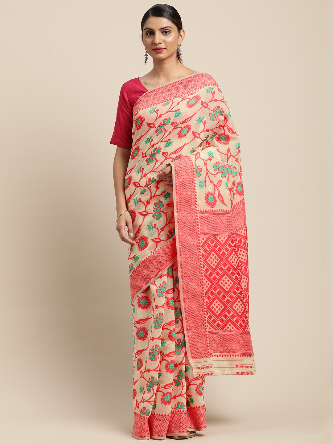 

VASTRANAND Cream-Coloured & Red Woven Design Jamdani Saree