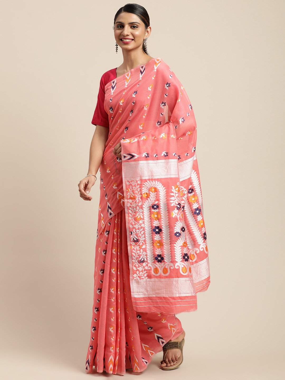 

VASTRANAND Pink & Blue Woven Design Jamdani Saree