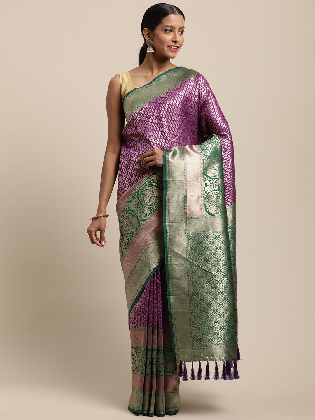 

VASTRANAND Purple Silk Blend Woven Design Banarasi Saree