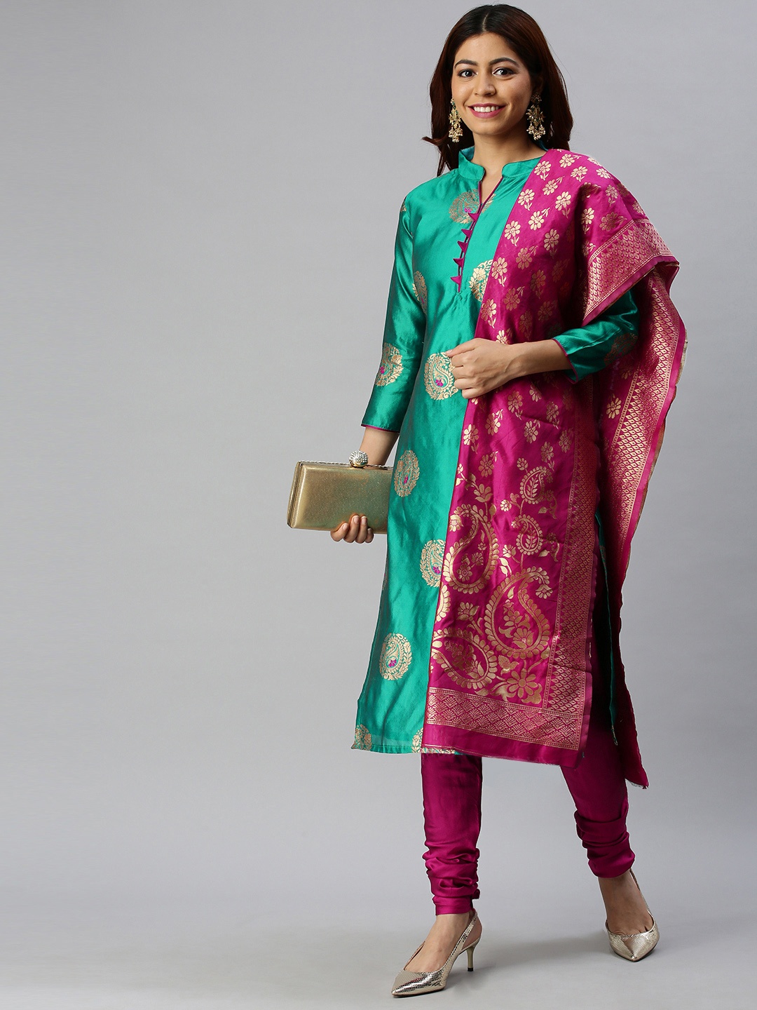 

Mitera Green & Magenta Silk Blend Unstitched Dress Material