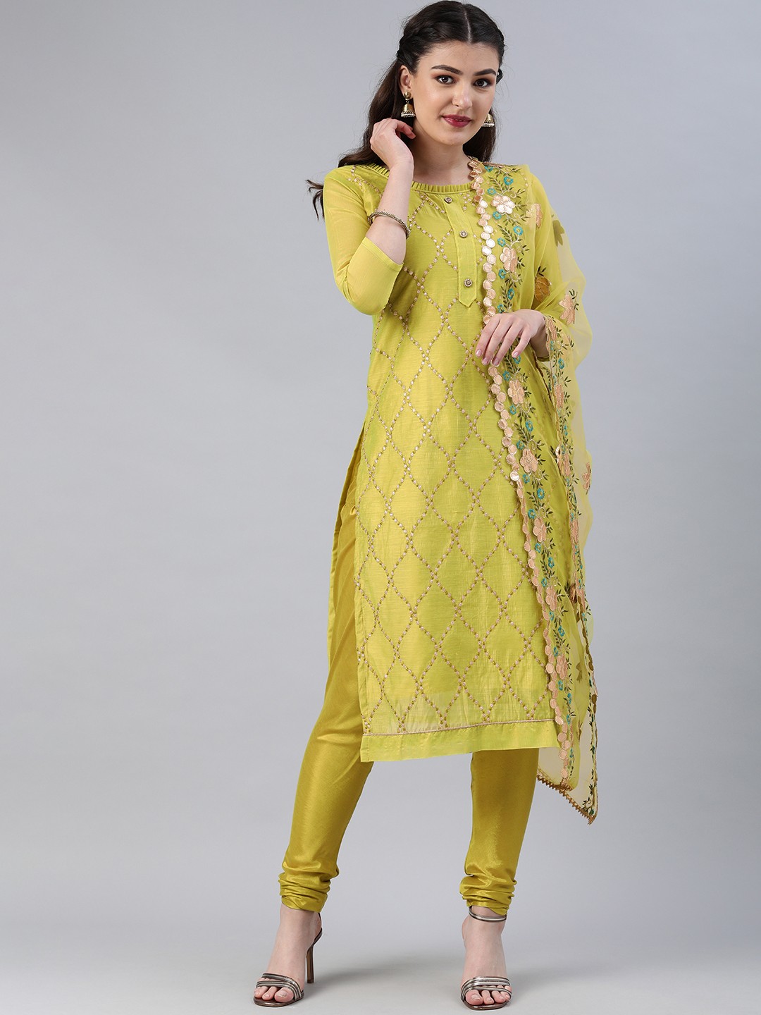 

Mitera Yellow & Gold-Toned Embroidered Silk Blend Unstitched Dress Material