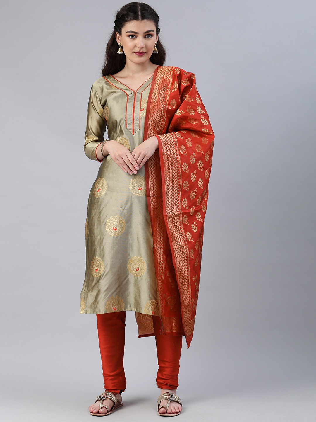 

Mitera Grey & Gold-Toned Woven Design Silk Blend Unstitched Dress Material