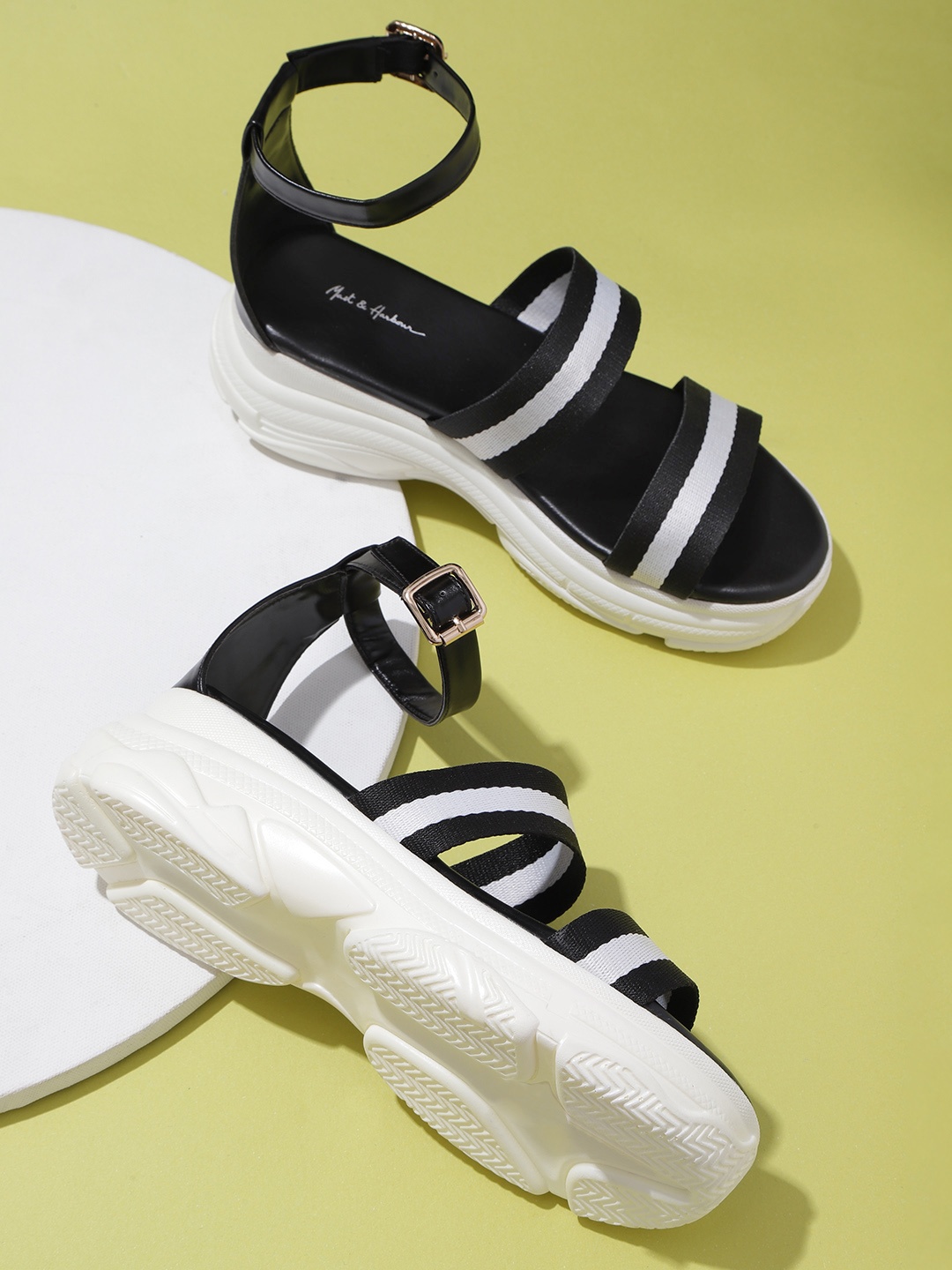 

Mast & Harbour Women Black & White Striped Chunky Flatform Heels