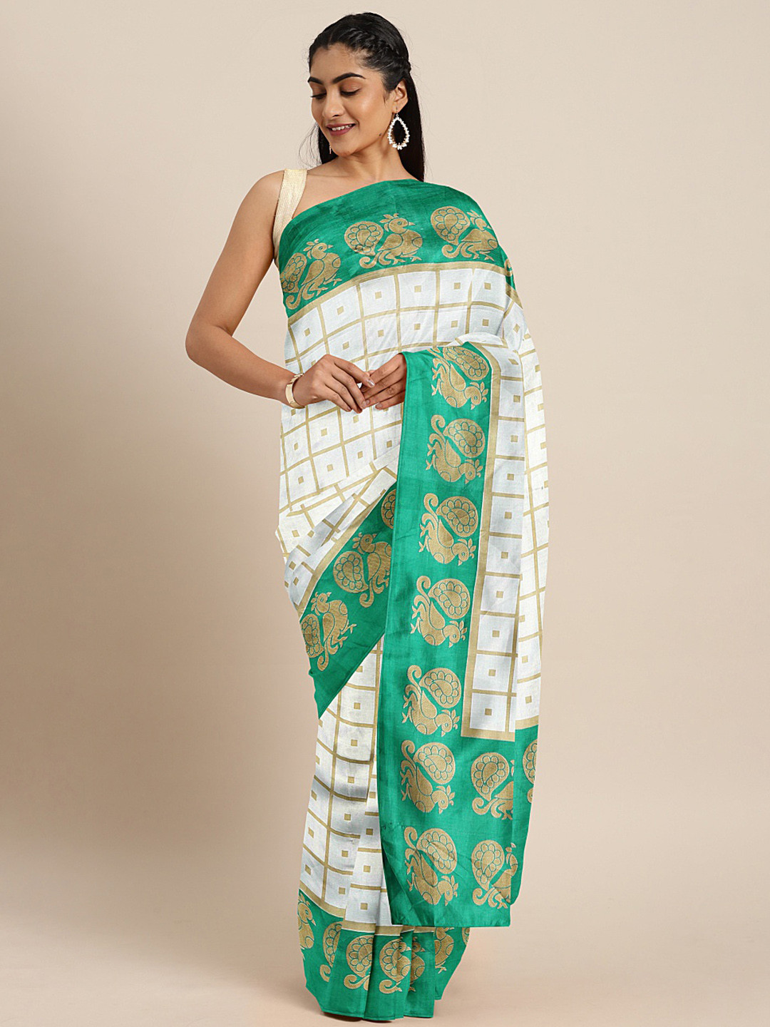 

Mitera White & Gold-Toned Checked Saree