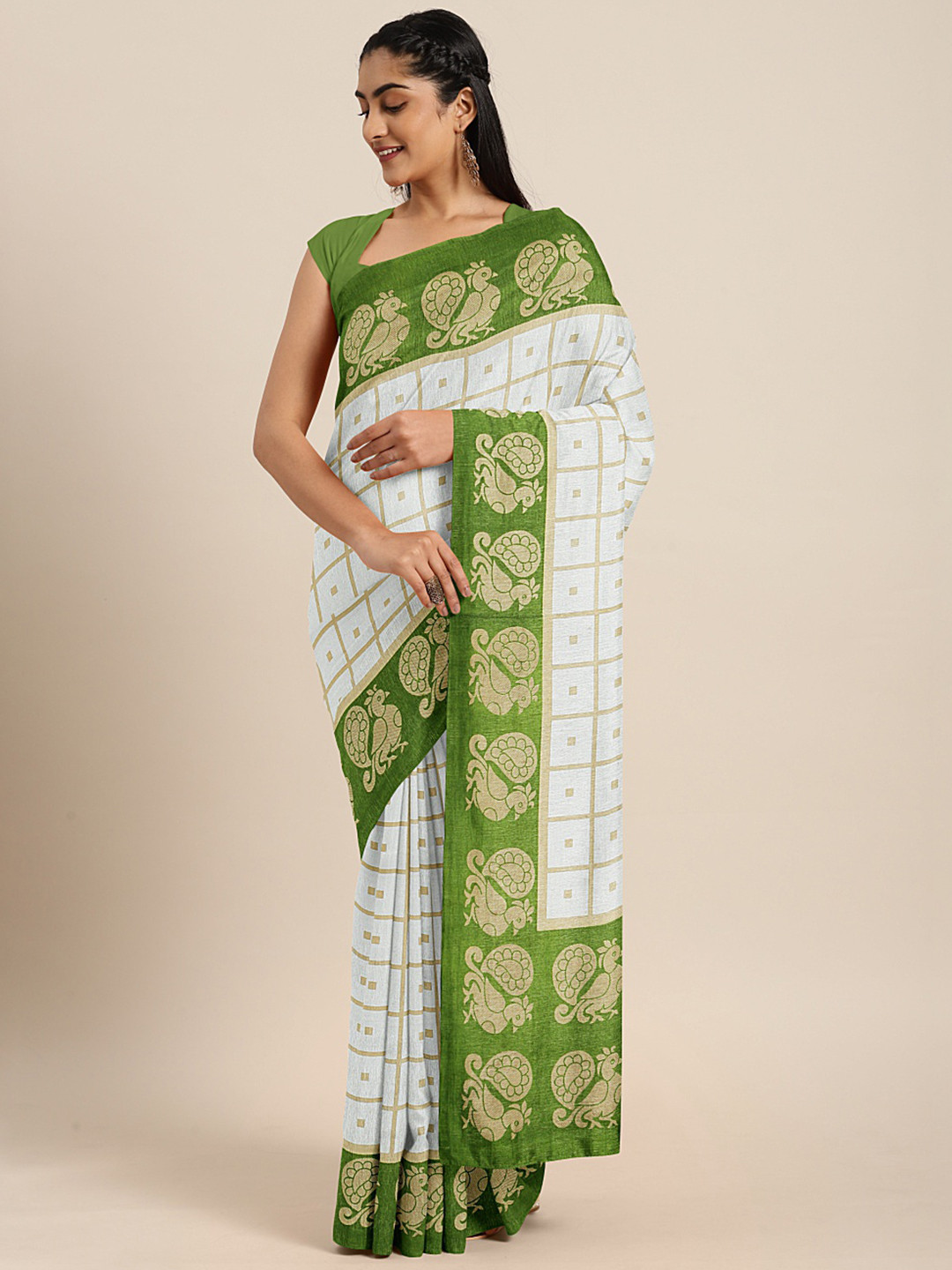 

Mitera White & Golden Art Silk Checked Saree