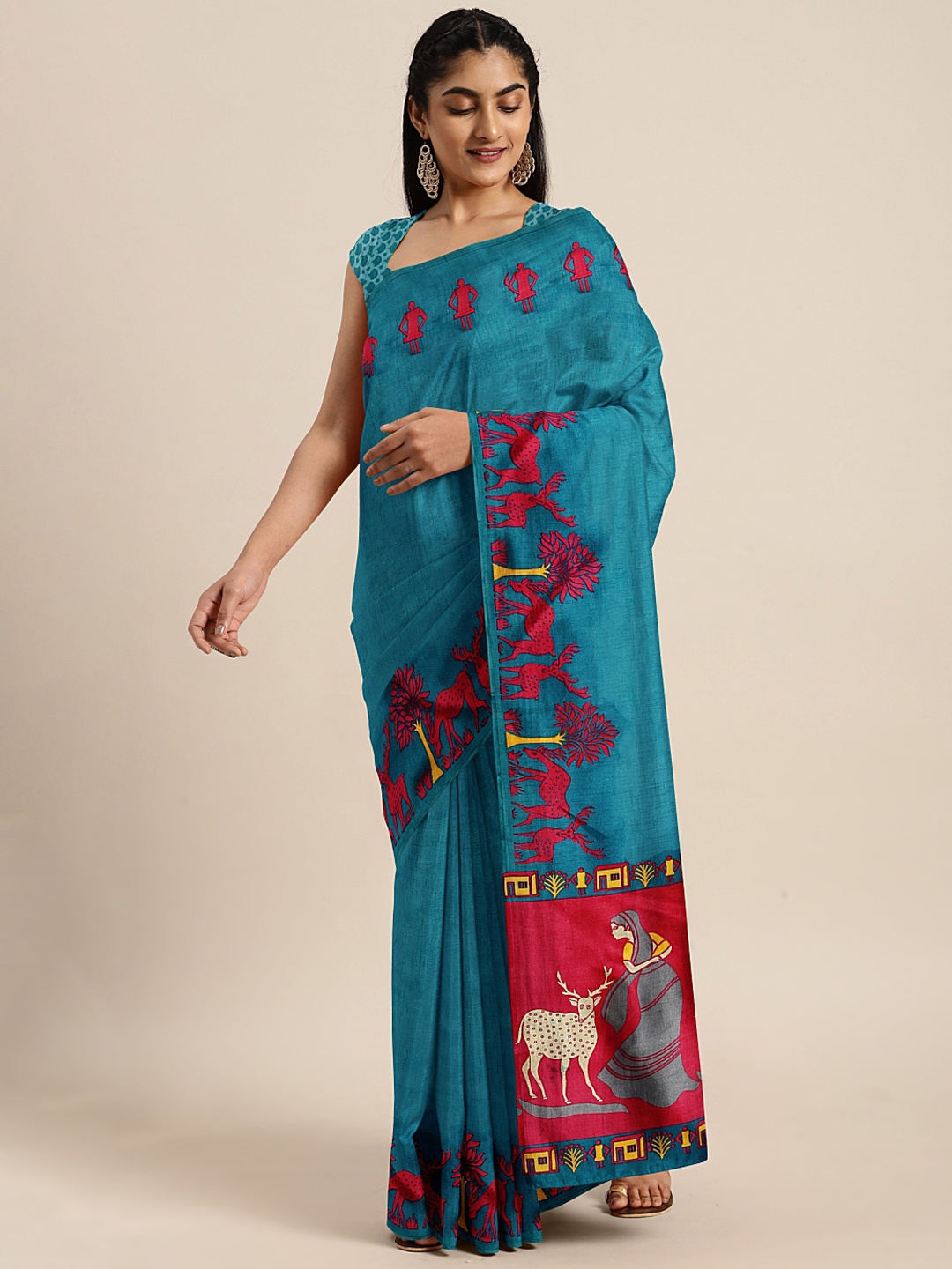 

KALINI Teal Blue Solid Saree