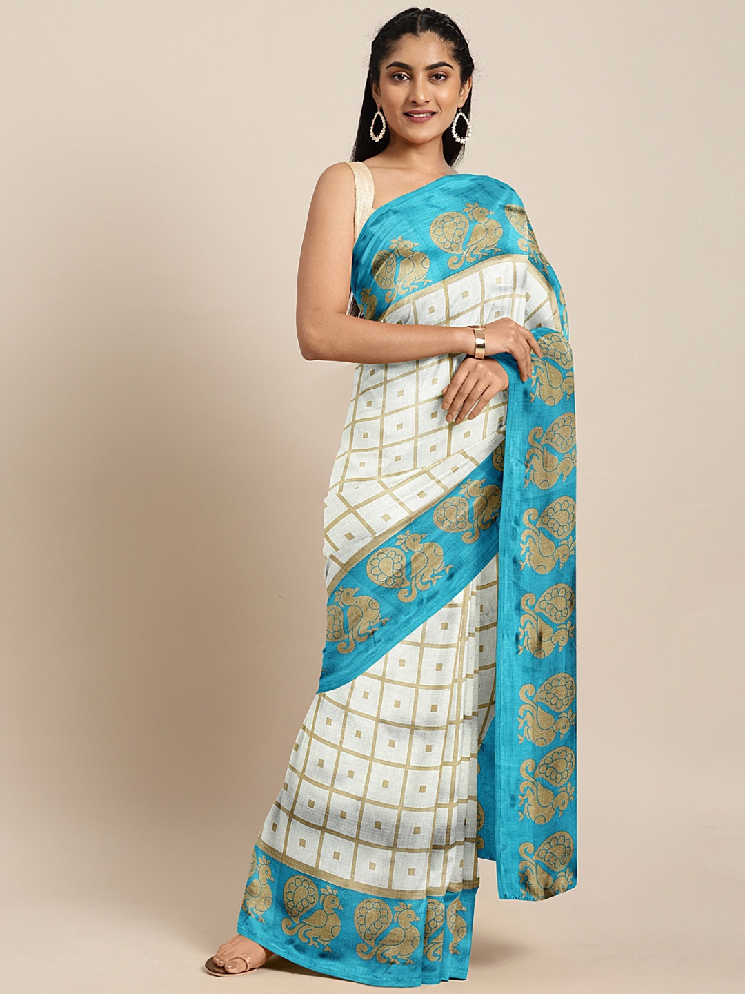 

Mitera Teal & Gold-Toned Art Silk Printed Saree