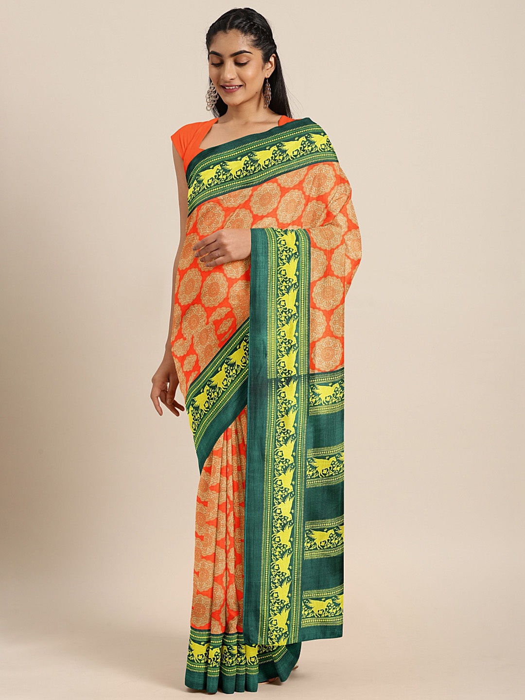 

Mitera Orange & Beige Art Silk Printed Saree